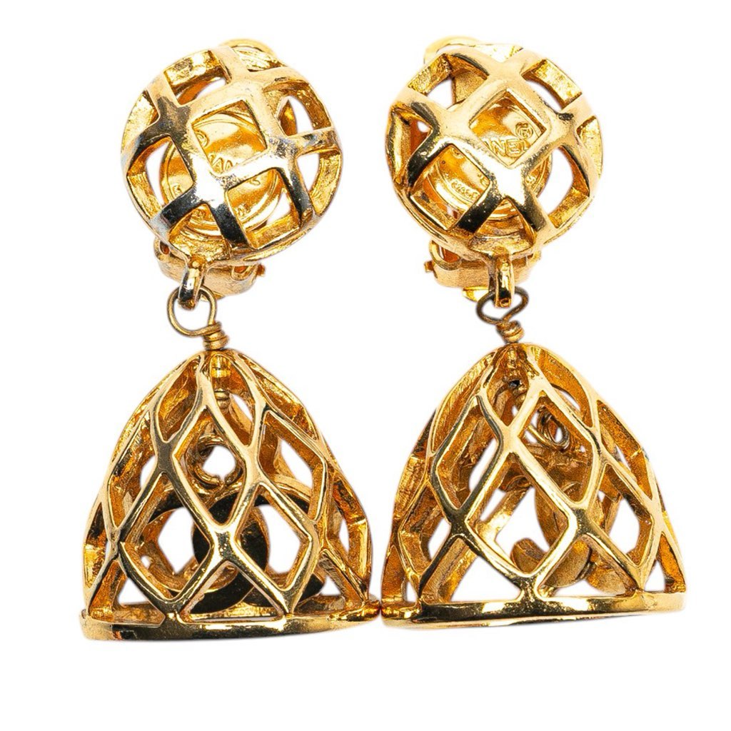 Chanel Gold Plated CC Bird Cage Drop Clip On Earrings