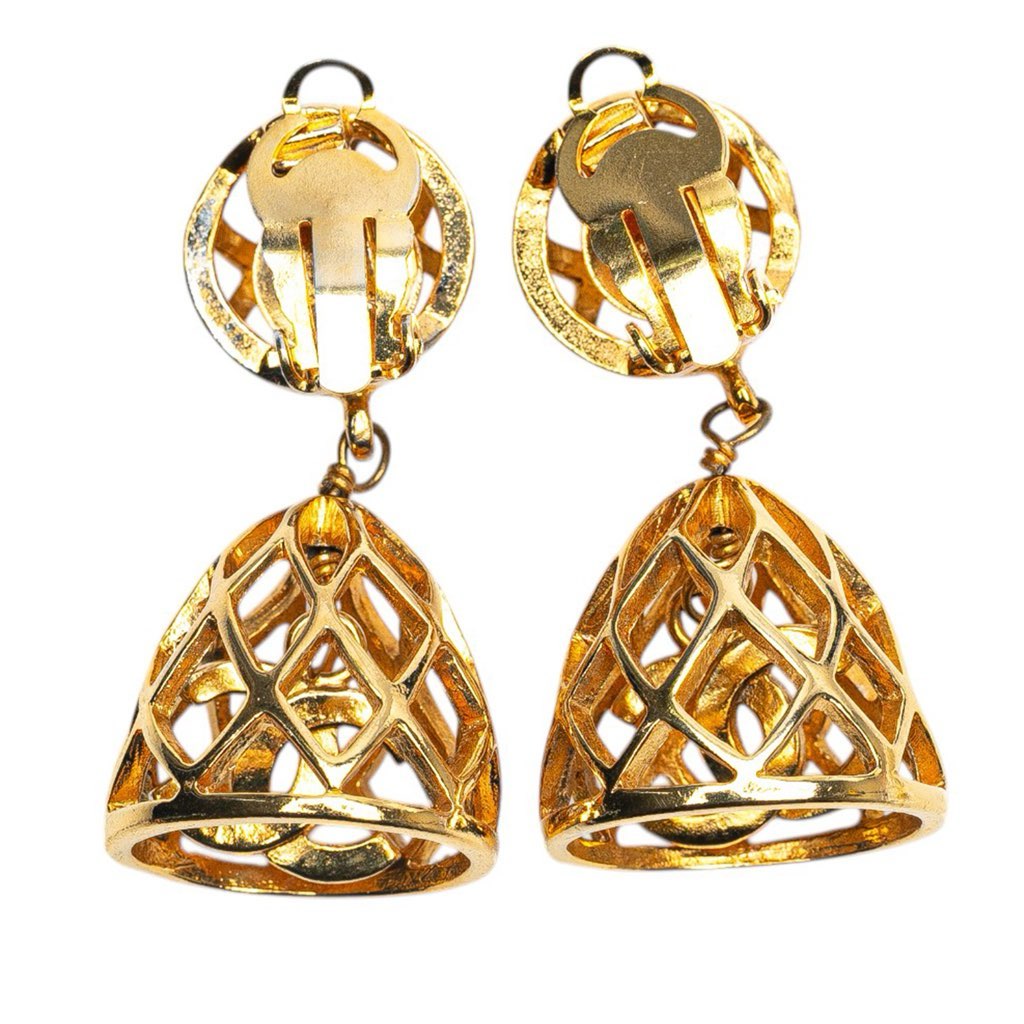 Chanel Gold Plated CC Bird Cage Drop Clip On Earrings - Back view