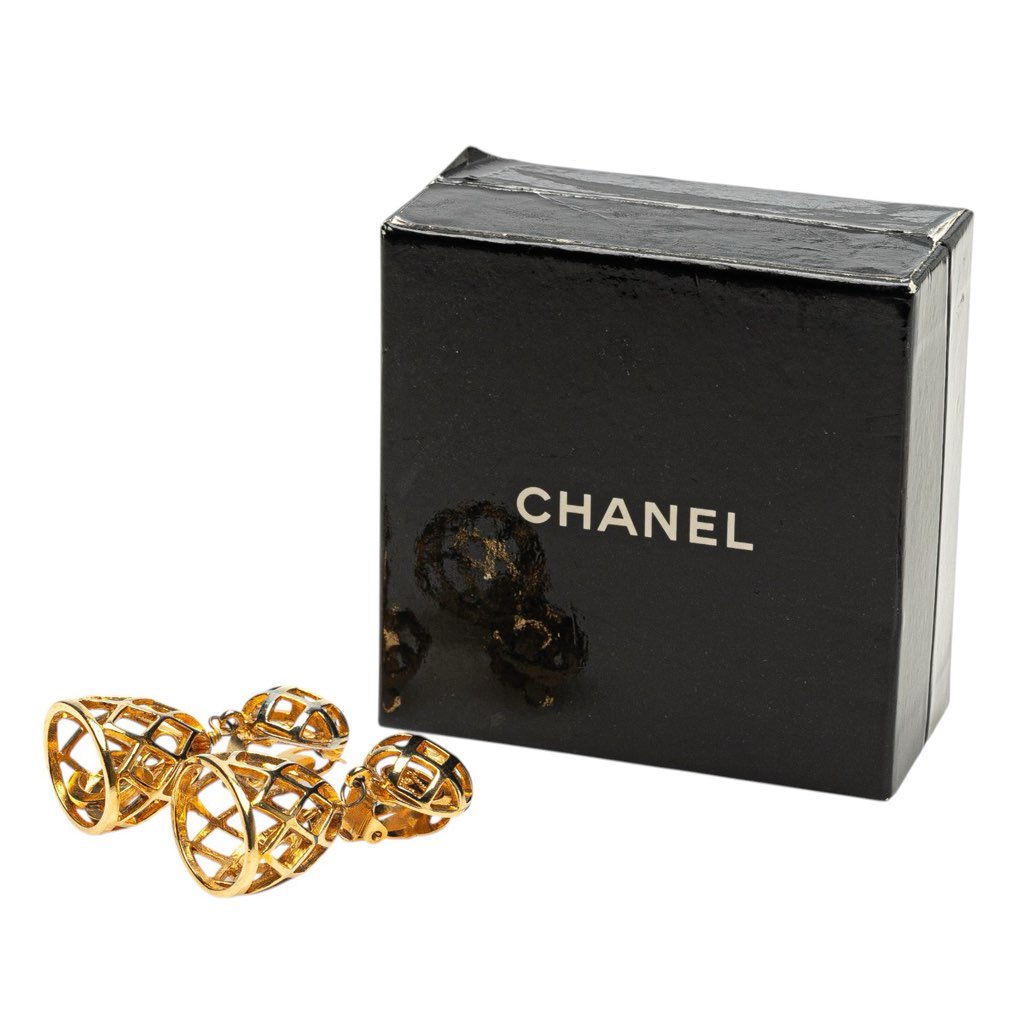 Chanel Gold Plated CC Bird Cage Drop Clip On Earrings - 4