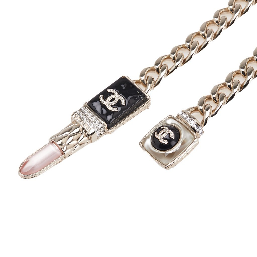 Chanel Gold Plated Faux Pearl Strass and Glass Lipstick Chain Necklace - 2