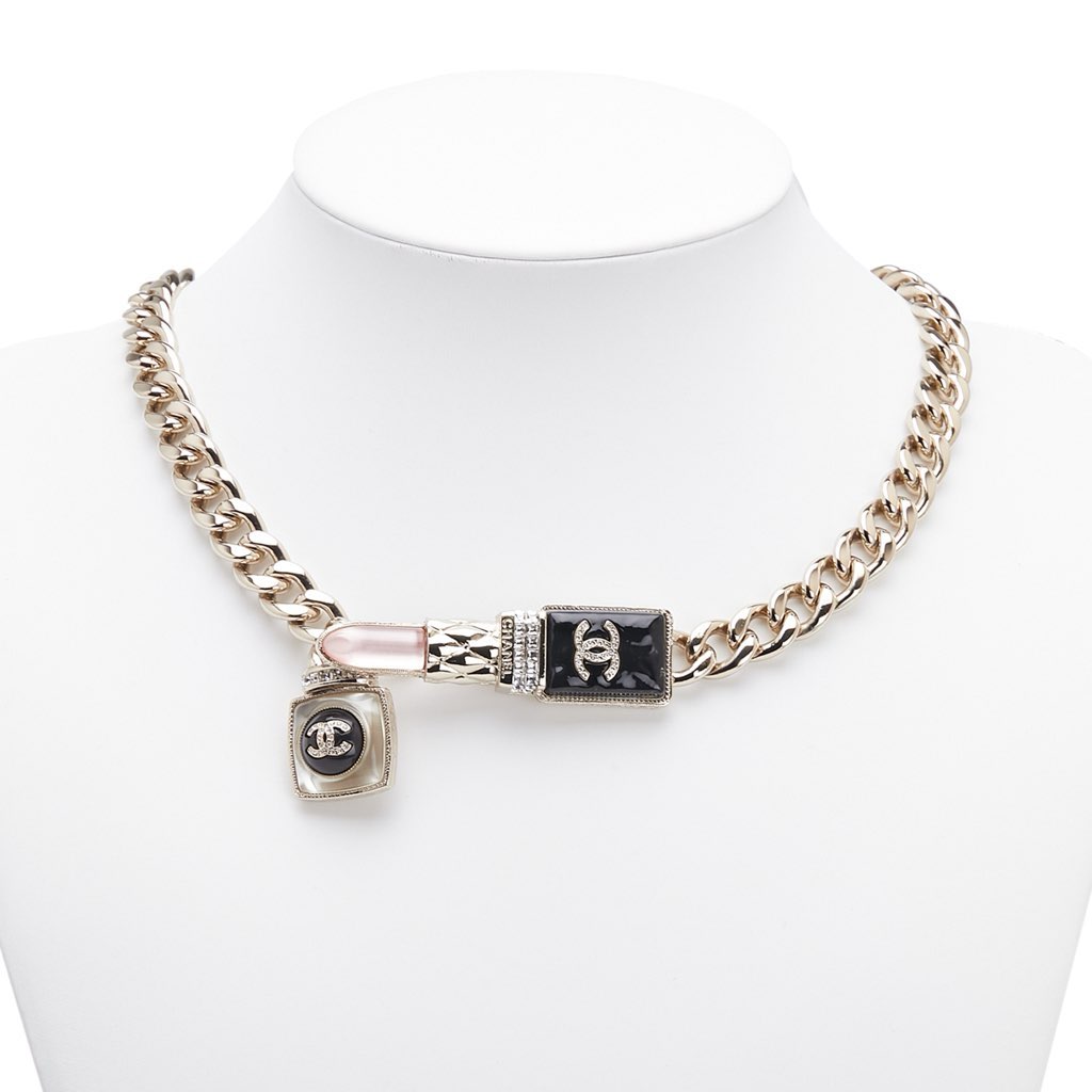 Chanel Gold Plated Faux Pearl Strass and Glass Lipstick Chain Necklace - 5