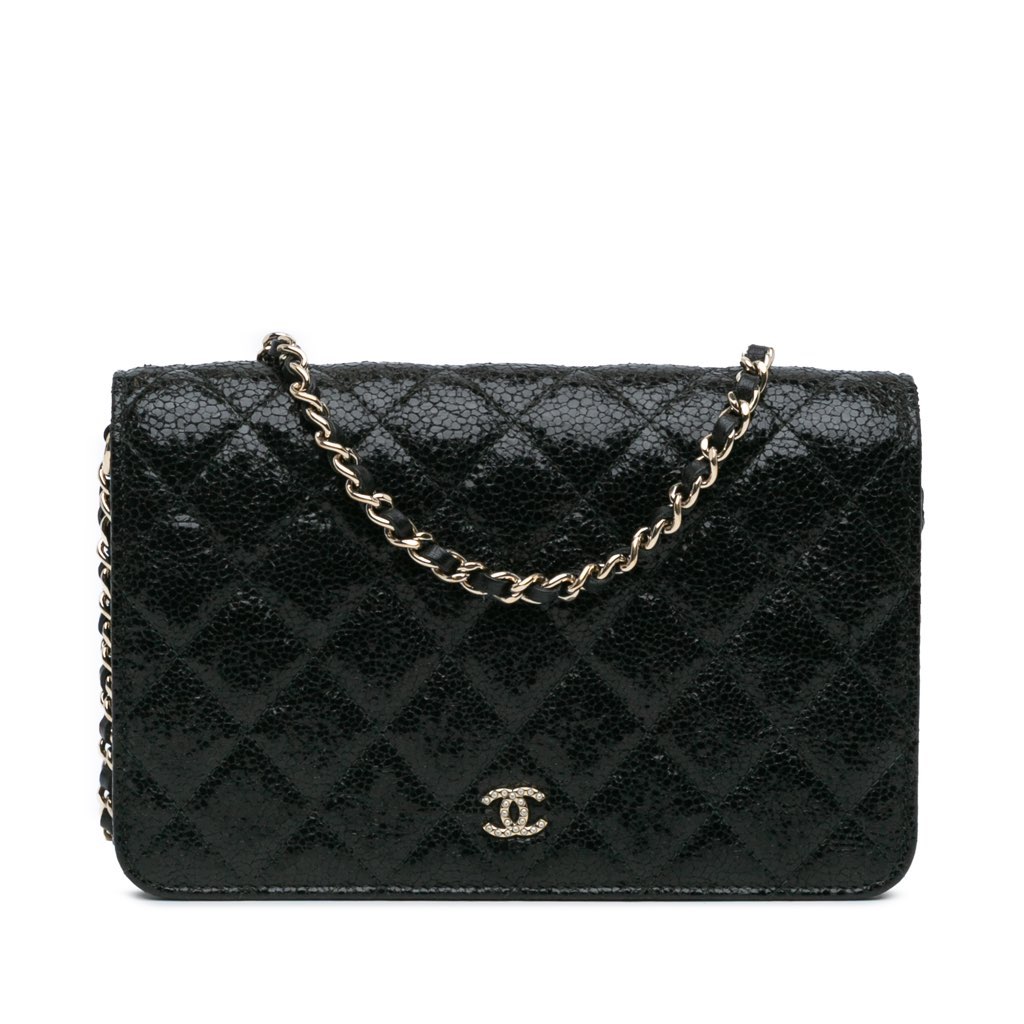 Chanel Quilted Crackled Patent Calfskin Pearl Wallet On Chain