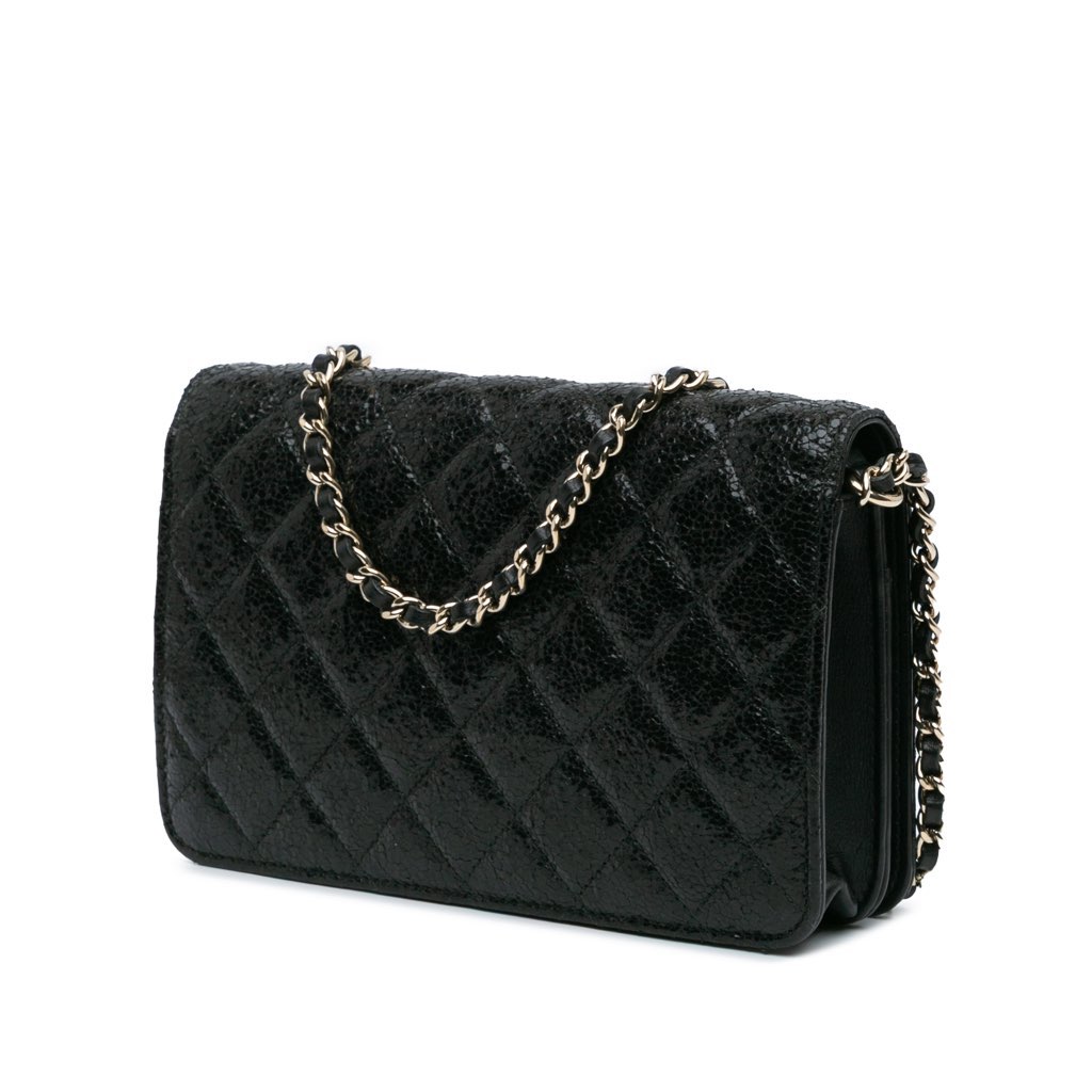 Chanel Quilted Crackled Patent Calfskin Pearl Wallet On Chain - Back view