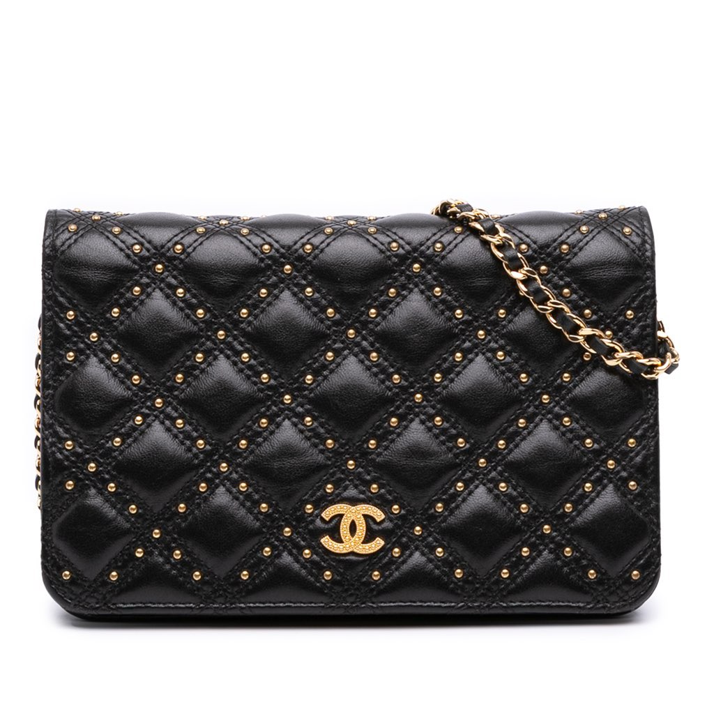 Chanel Lambskin Studded Diamond Stitch Wallet On Chain