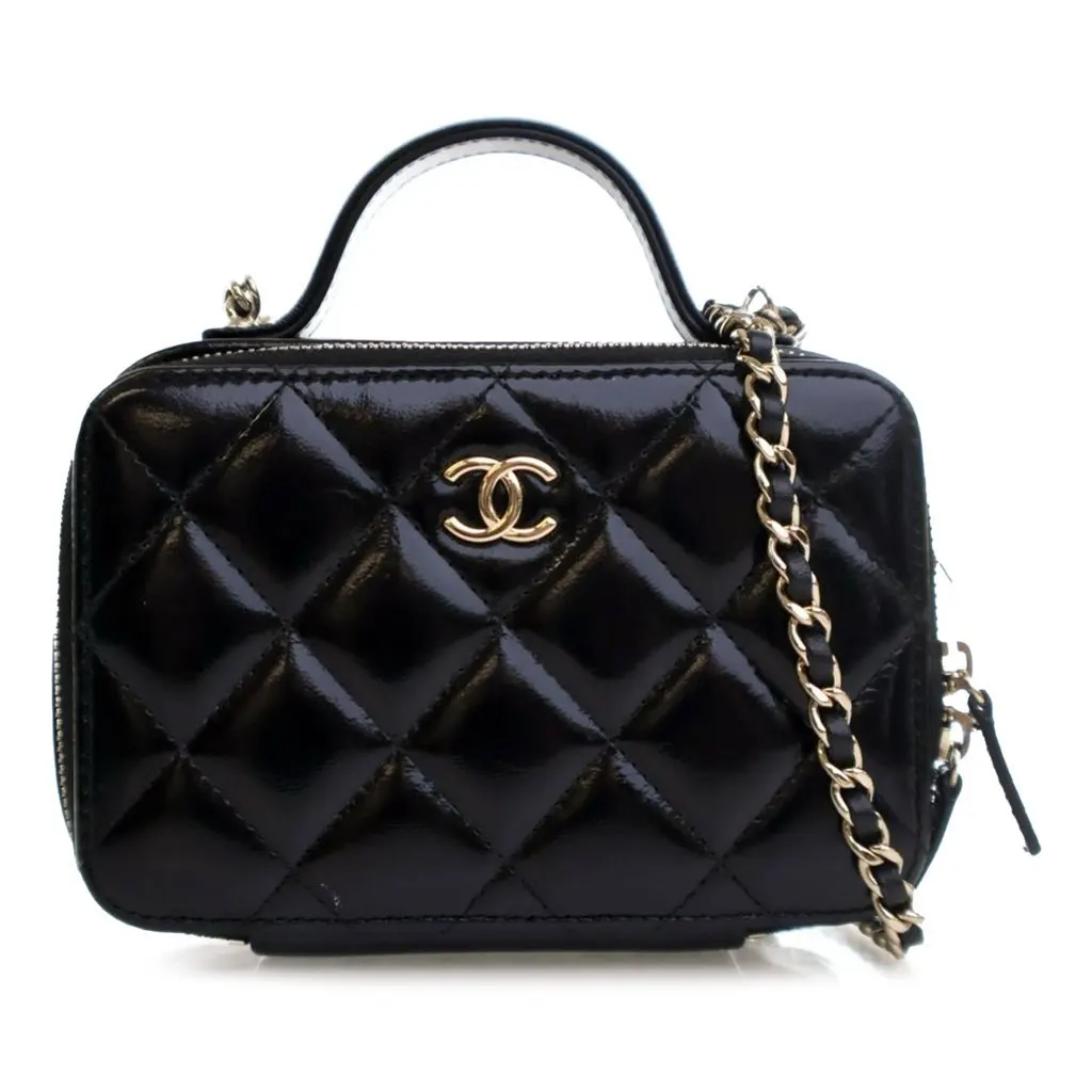 Chanel Mini CC Glazed Calfskin Double Zip Top Handle Vanity Case Black Leather Good - Front View