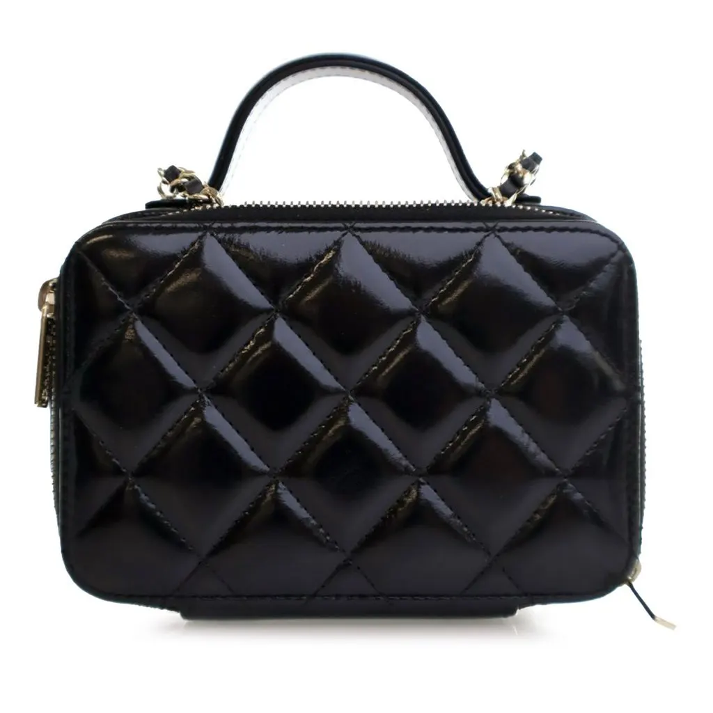 Chanel Mini CC Glazed Calfskin Double Zip Top Handle Vanity Case Black Leather Good - Back View