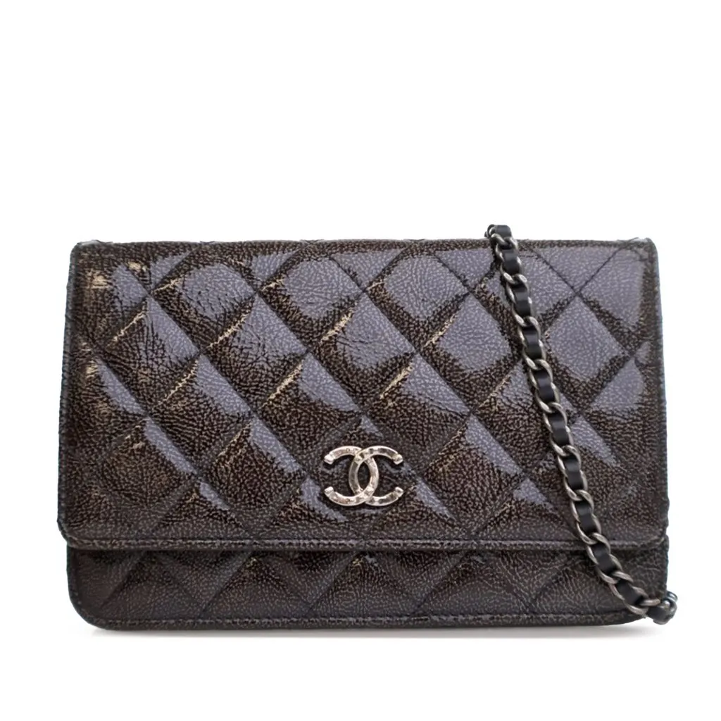 Chanel CC Quilted Shiny Crumpled Calfskin Wallet on Chain Brown Leather Good - Front View