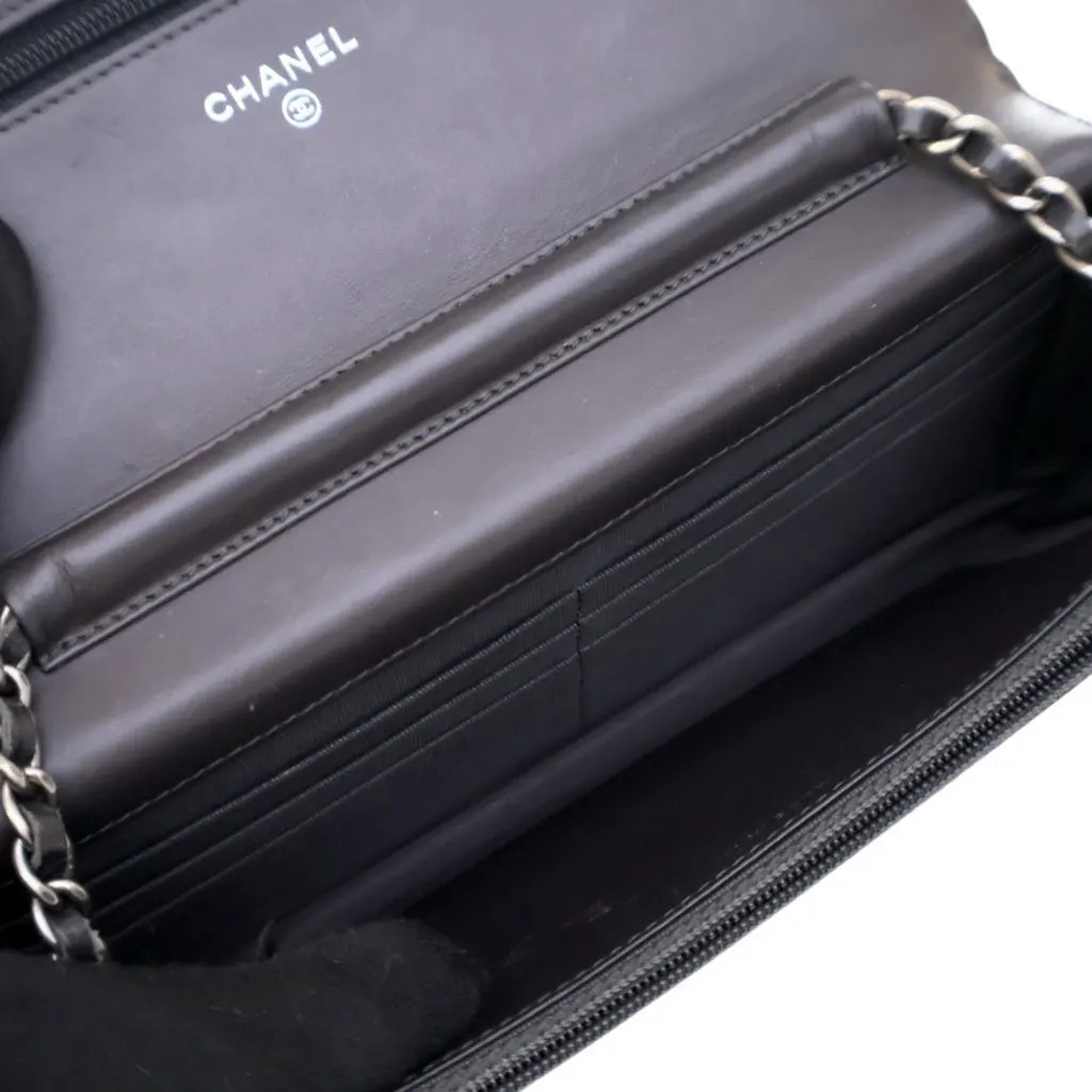 Chanel CC Quilted Shiny Crumpled Calfskin Wallet on Chain Brown Leather Good - Model View