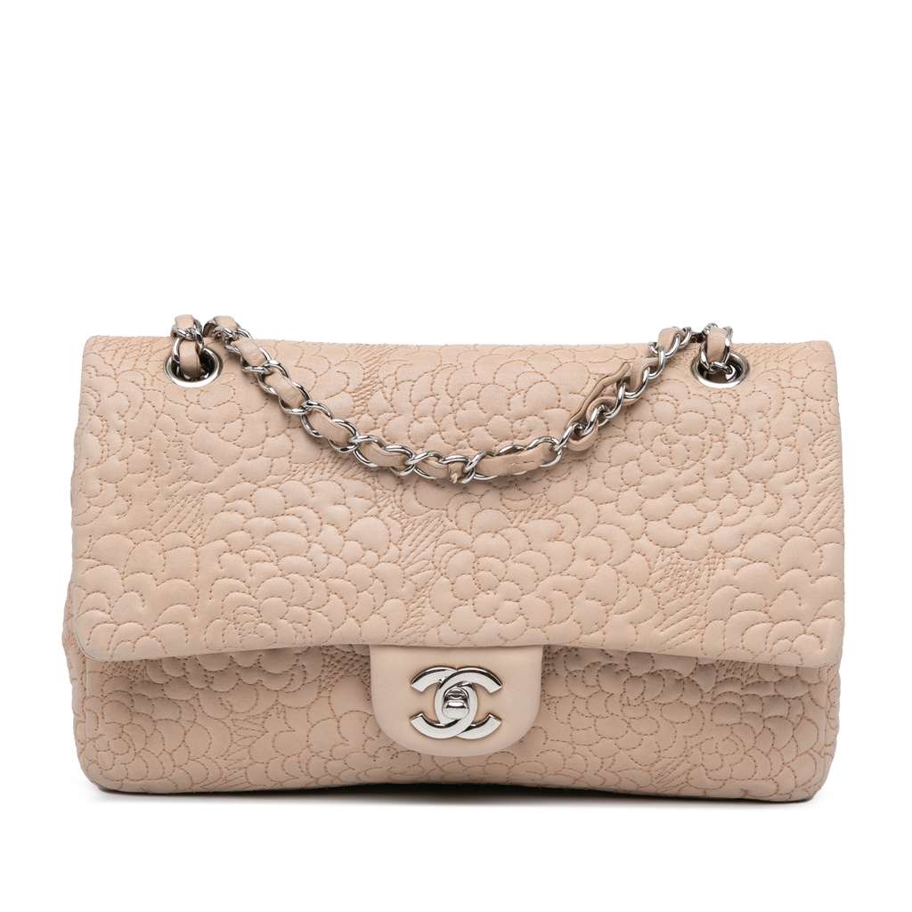 Chanel Medium Lambskin Camellia Stitched Double Flap