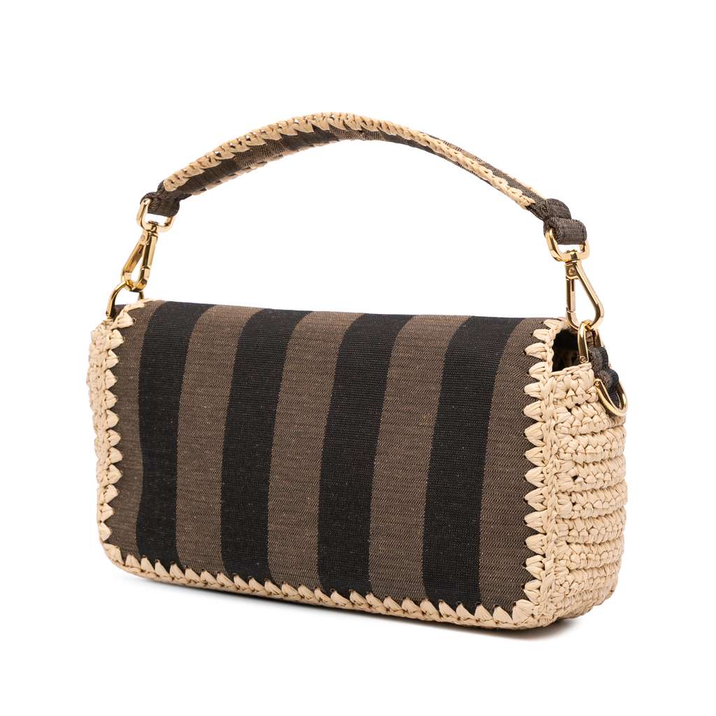 Fendi Pequin Gingham Canvas And Raffia Baguette Satchel - Back view