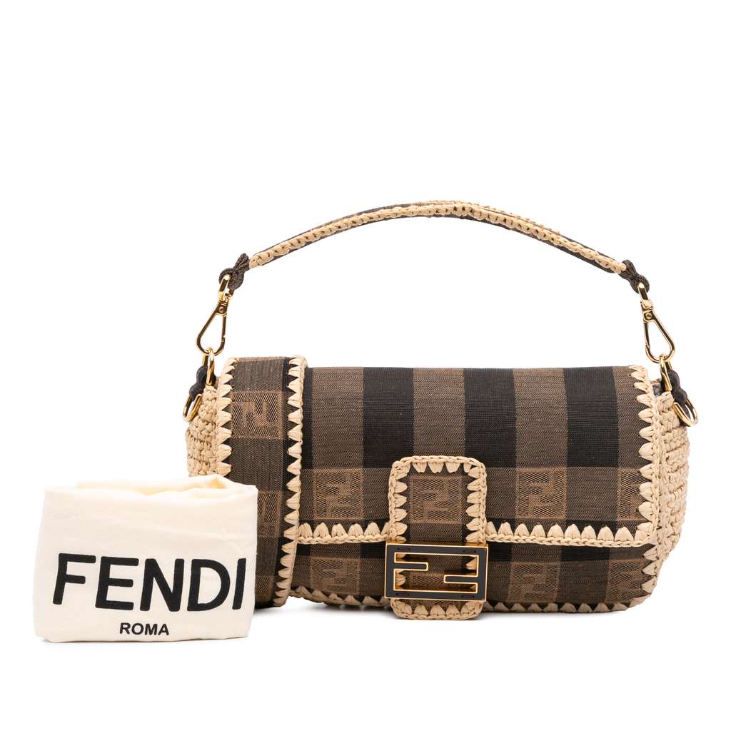 Fendi Pequin Gingham Canvas And Raffia Baguette Satchel - Image 14