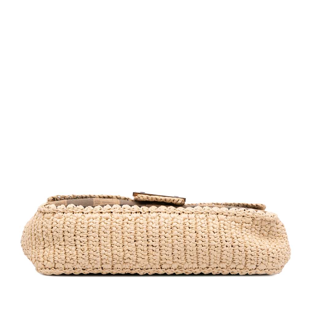 Fendi Pequin Gingham Canvas And Raffia Baguette Satchel - Image 6