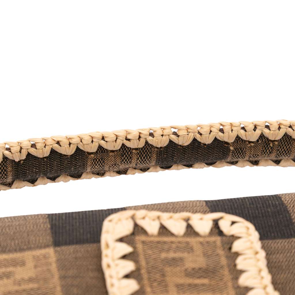 Fendi Pequin Gingham Canvas And Raffia Baguette Satchel - Image 12