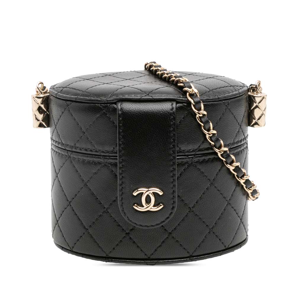 Chanel Mini Quilted Lambskin Round Vanity Case with Chain