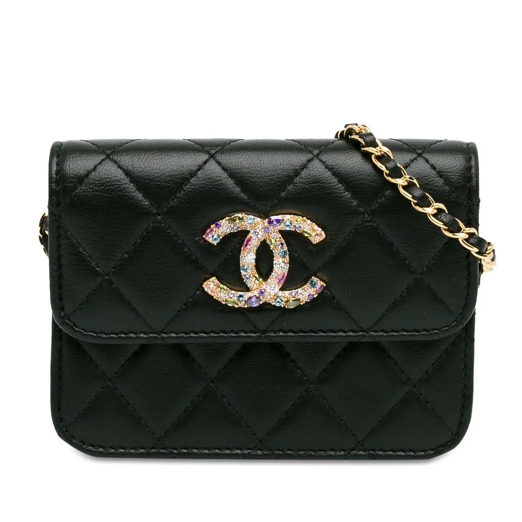 Chanel Lambskin Zirconium Clutch With Chain Black Leather Good - Front View