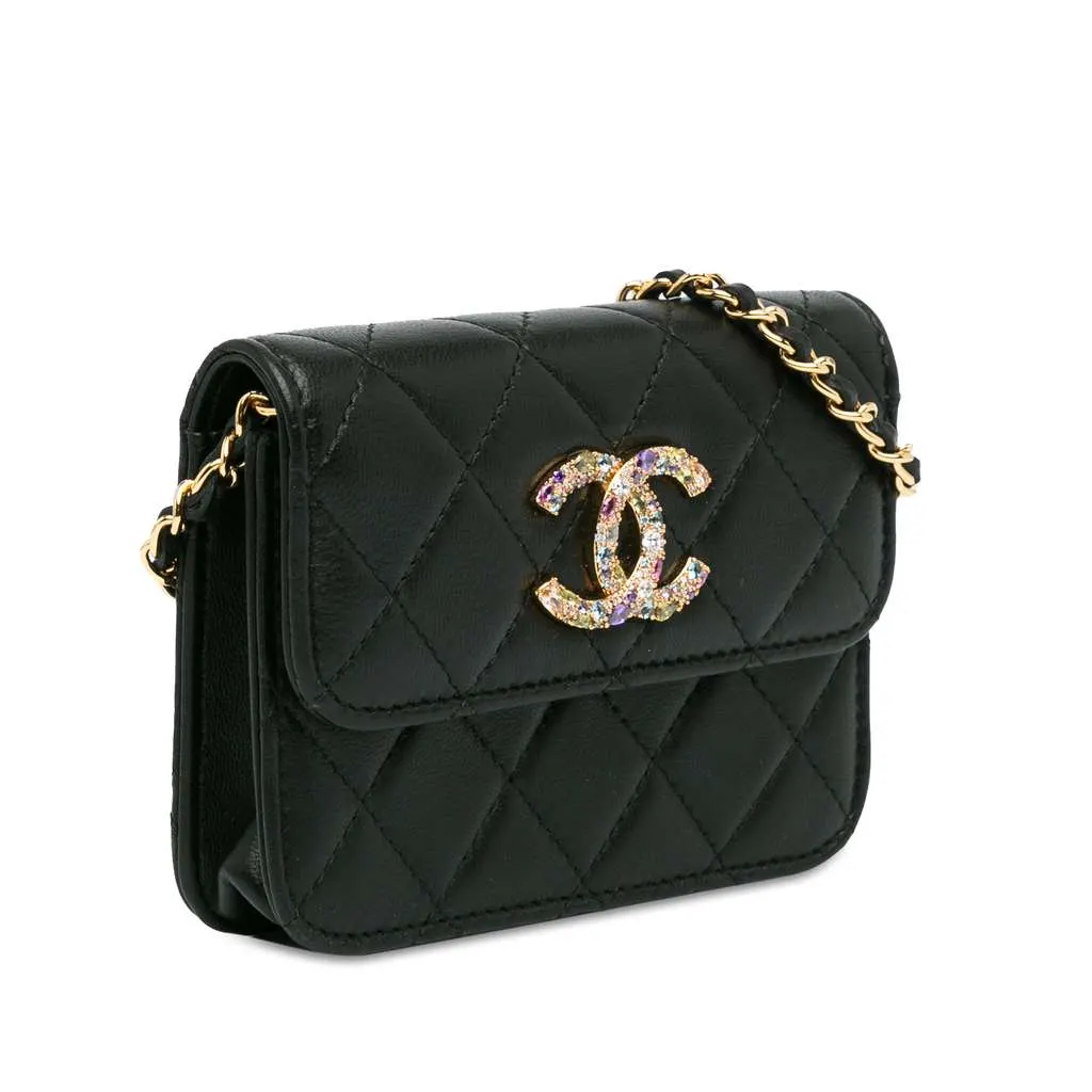 Chanel Lambskin Zirconium Clutch With Chain Black Leather Good - Back View