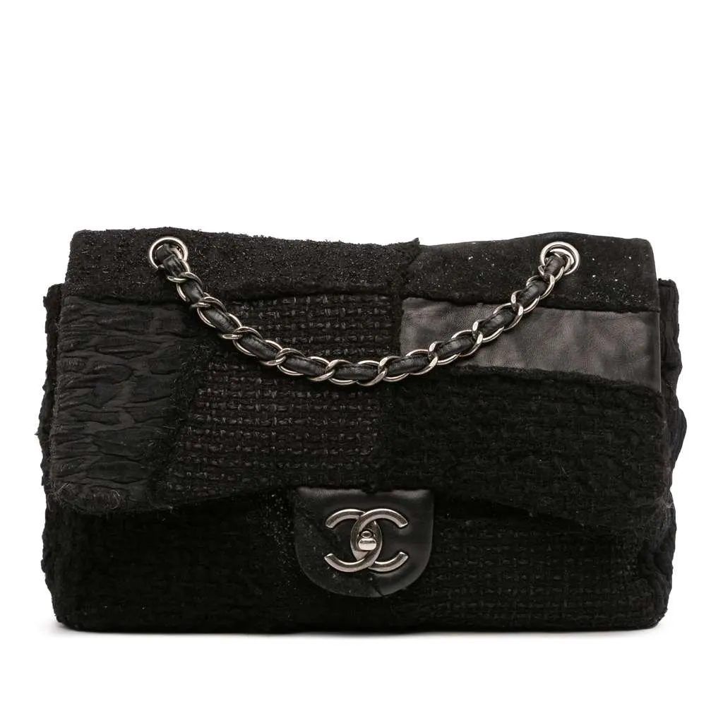 Chanel Jumbo Patchwork Tweed Flap Black Tweed Good - Front View