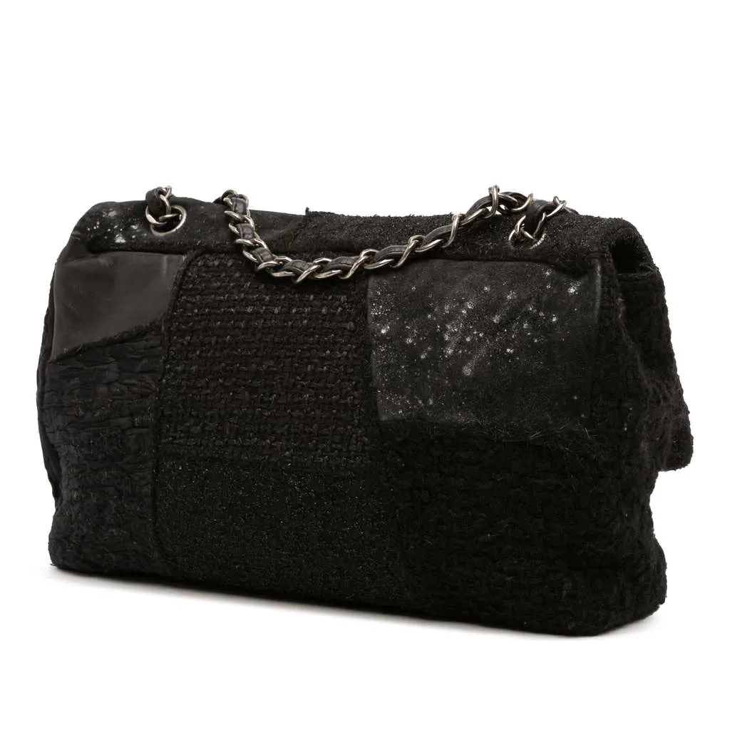 Chanel Jumbo Patchwork Tweed Flap Black Tweed Good - Back View