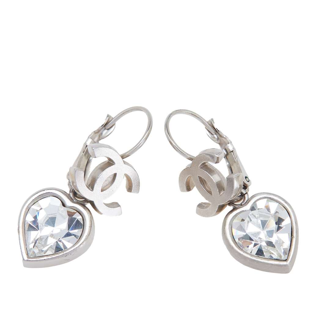 Chanel Silver Plated CC Crystal Heart Drop Lever Back Earrings
