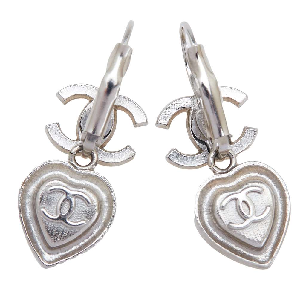 Chanel Silver Plated CC Crystal Heart Drop Lever Back Earrings - 2
