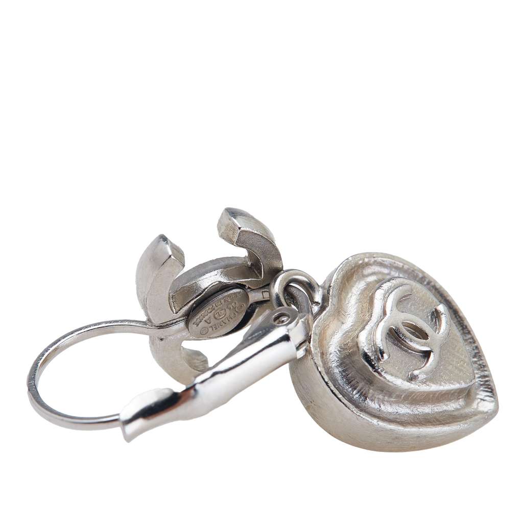 Chanel Silver Plated CC Crystal Heart Drop Lever Back Earrings - 3