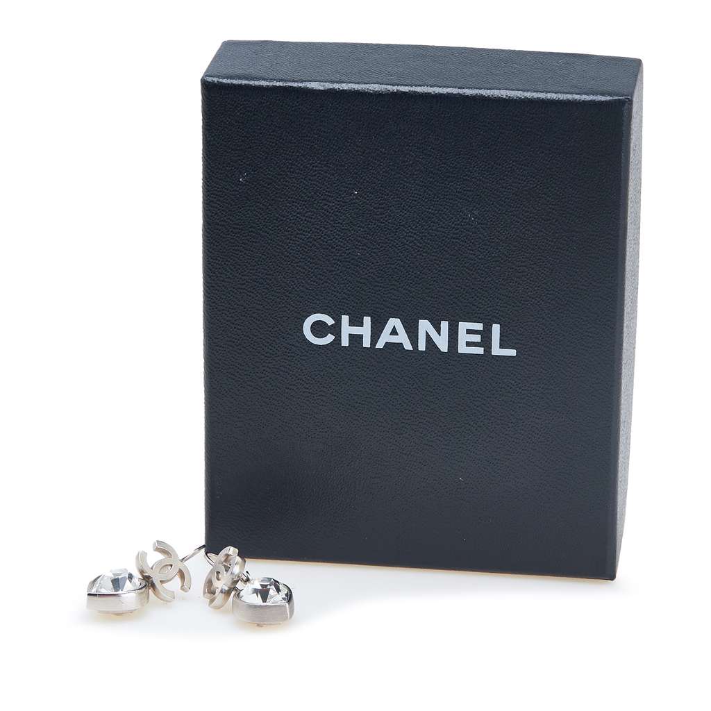 Chanel Silver Plated CC Crystal Heart Drop Lever Back Earrings - 4