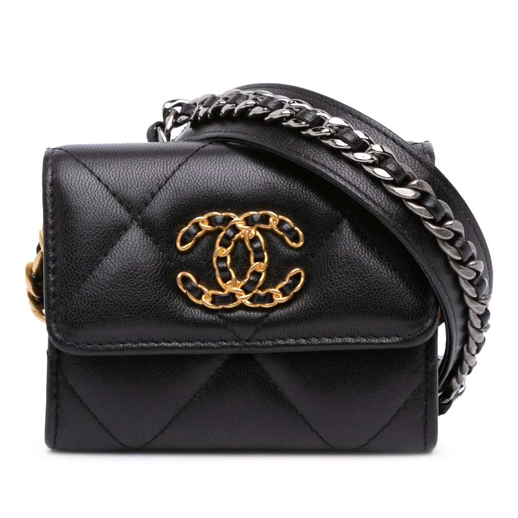 Chanel Lambskin 19 Flap Coin Purse With Chain Black Leather Very good - Front View
