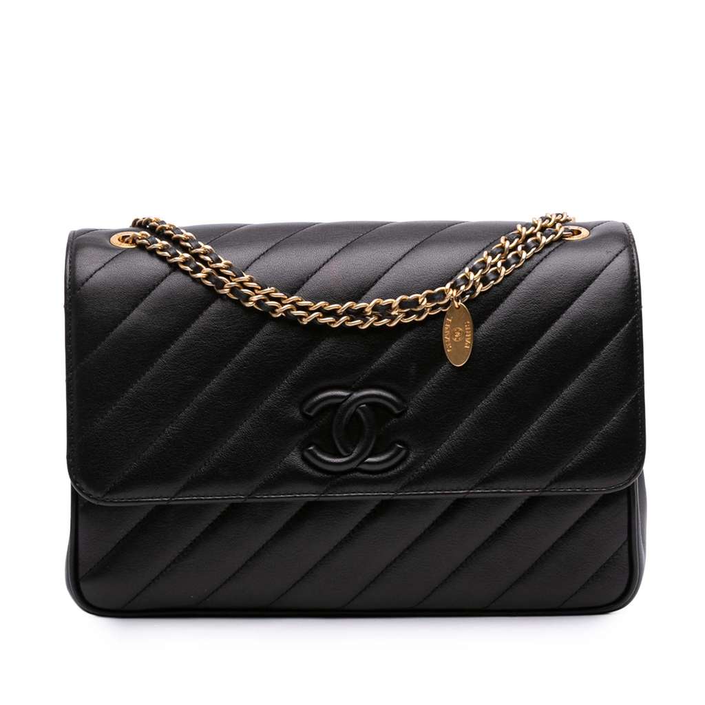 Chanel Diagonal Quilted Lambskin CC Signature Flap