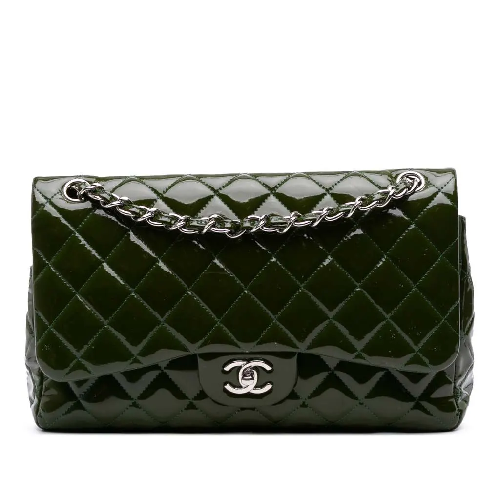Chanel Jumbo Classic Patent Double Flap Green Leather Good - Front View