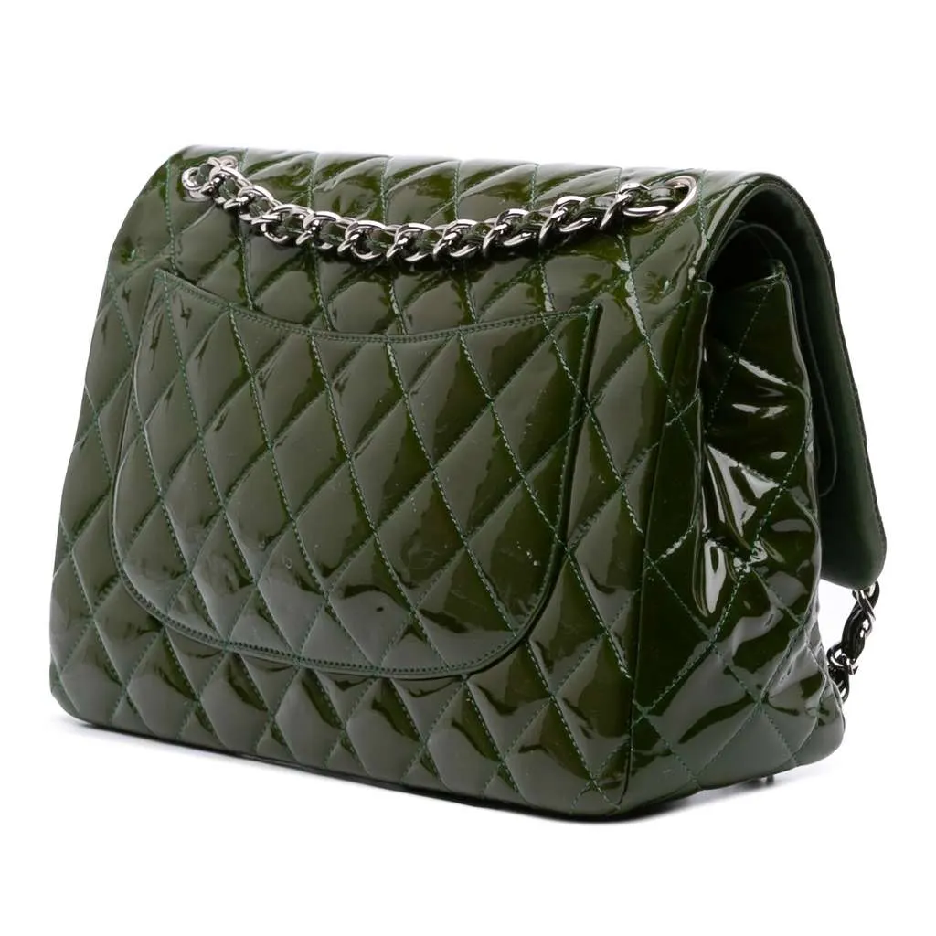 Chanel Jumbo Classic Patent Double Flap Green Leather Good - Back View