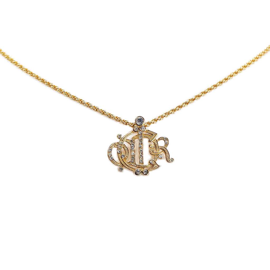 Dior Gold Plated Logo Crystal Pendant Necklace