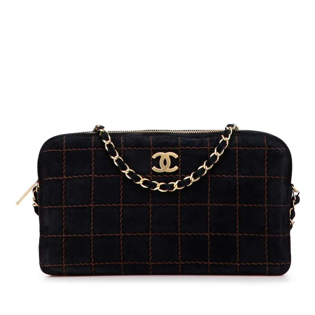 Chanel CC Chocolate Bar Suede Chain Camera Bag Black Leather Good - Front View