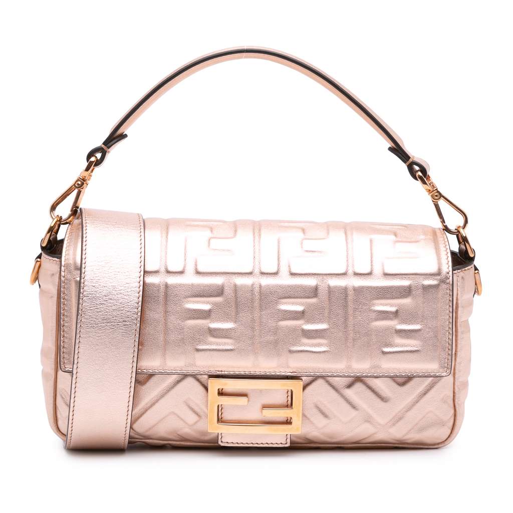 Fendi Zucca Embossed Metallic Leather Baguette Satchel