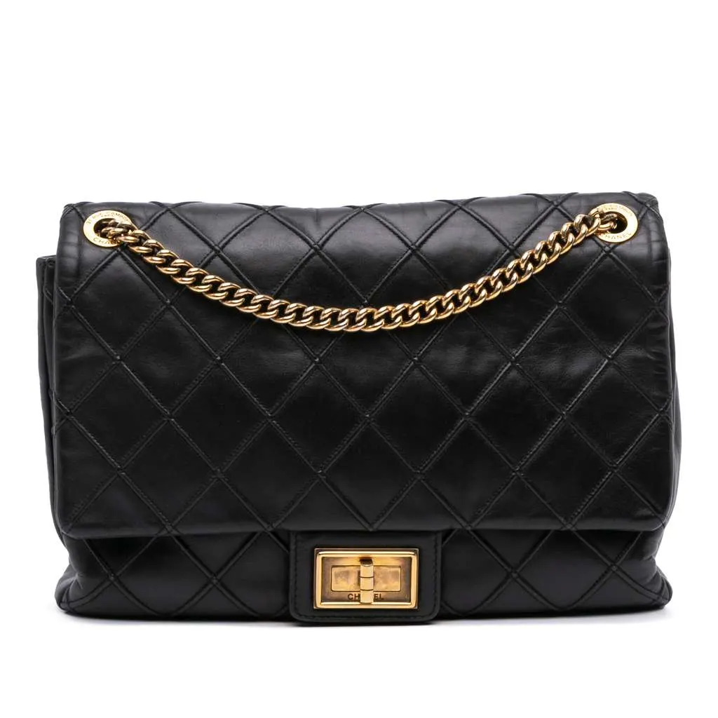 Chanel Large Reissue 2.55 Diamond Debossed Calfskin Cosmos Flap Black Leather Good - Front View