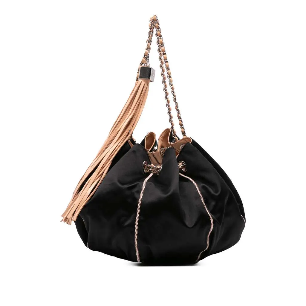 Chanel Lambskin and Satin Reversible Sac Cordon Bucket Bag Black Satin Good - Front View