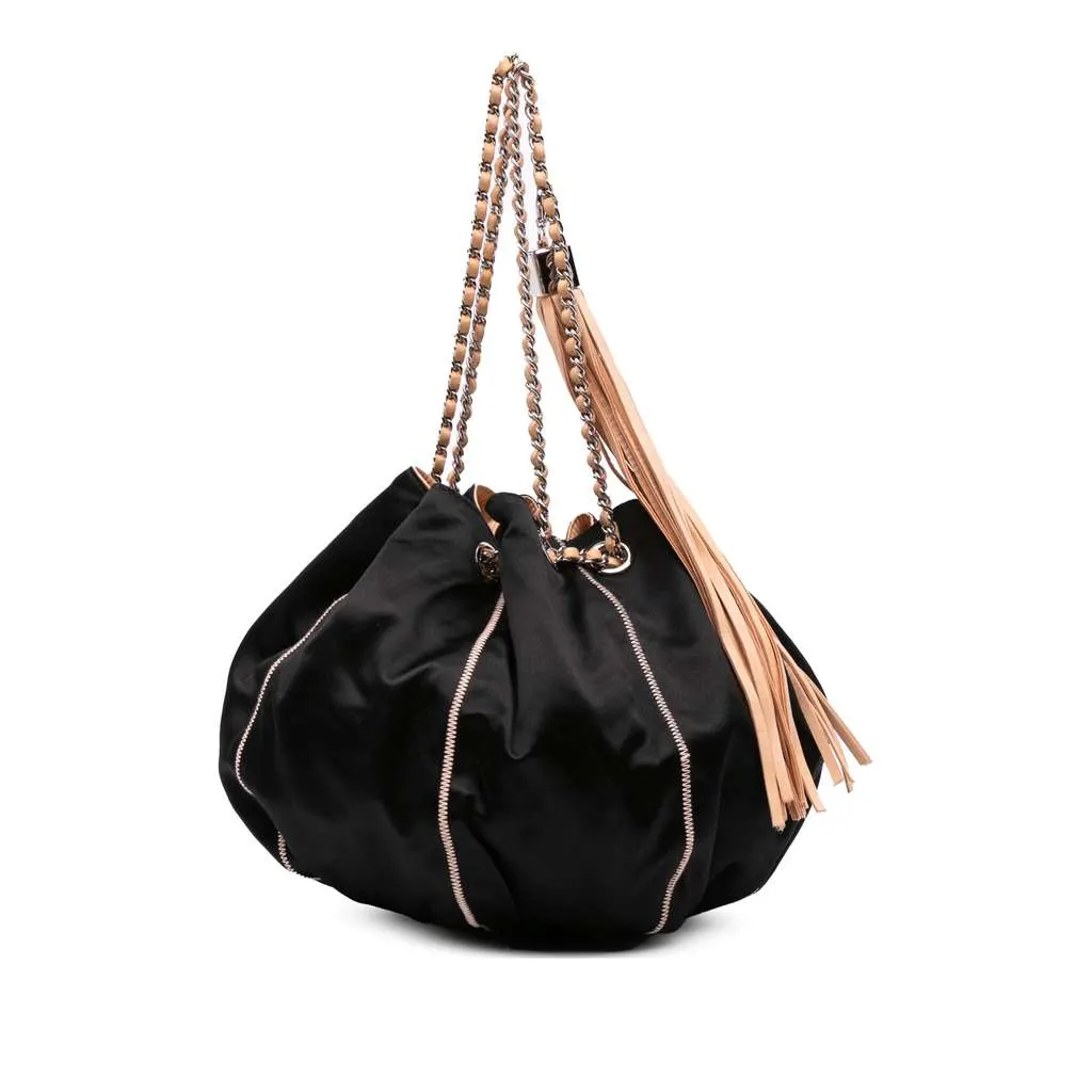 Chanel Lambskin and Satin Reversible Sac Cordon Bucket Bag Black Satin Good - Back View