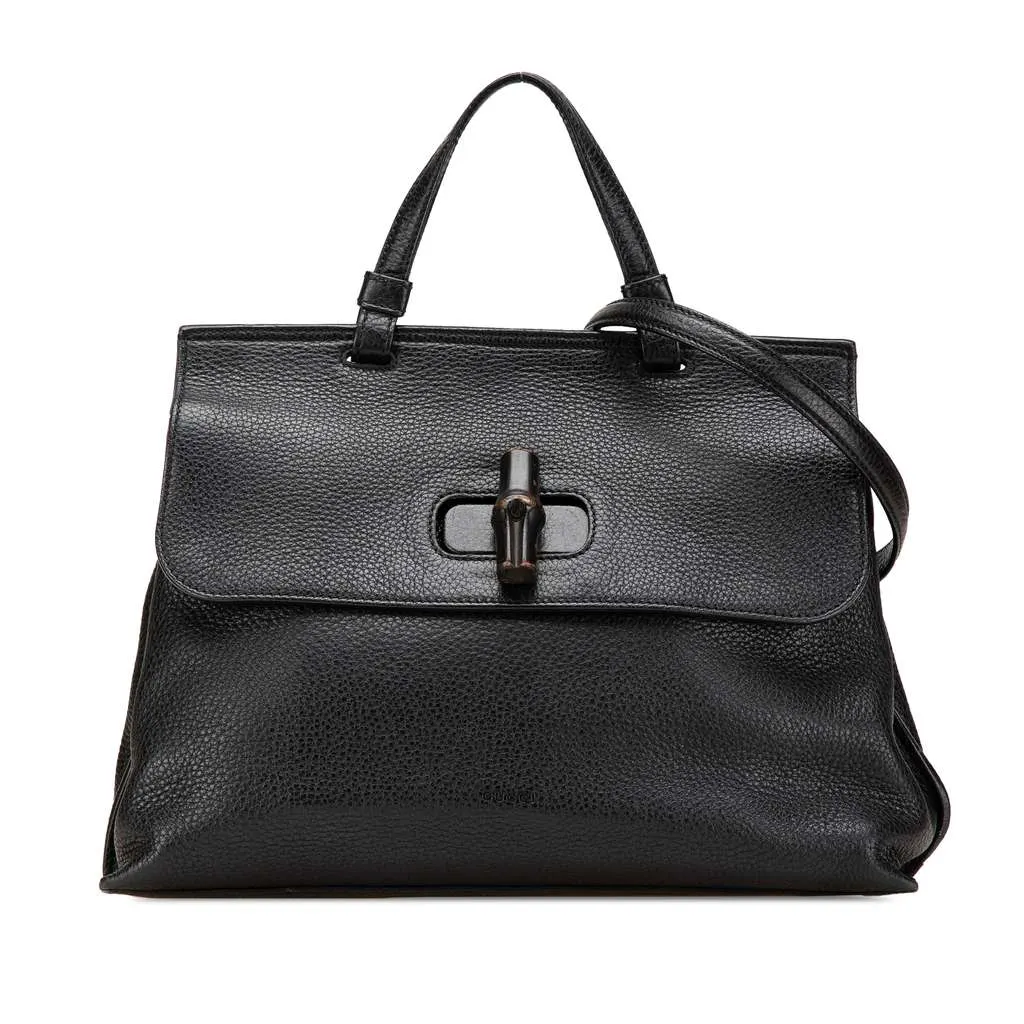 Gucci Medium Leather Bamboo Daily Satchel Black Leather Good - Front View