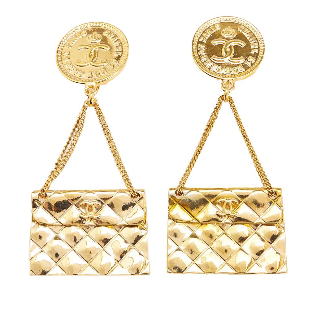 Chanel Gold Plated Flap Bag Drop Clip On Earrings