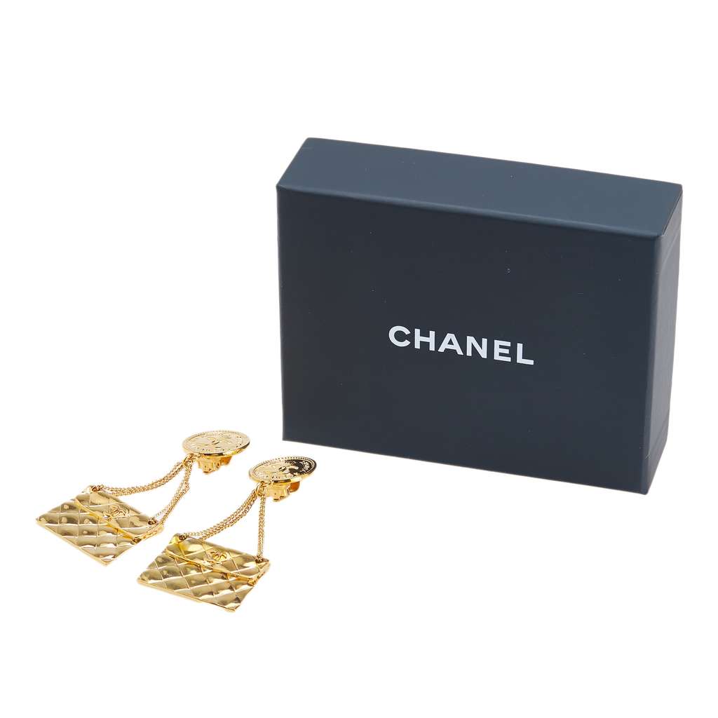 Chanel Gold Plated Flap Bag Drop Clip On Earrings - 4
