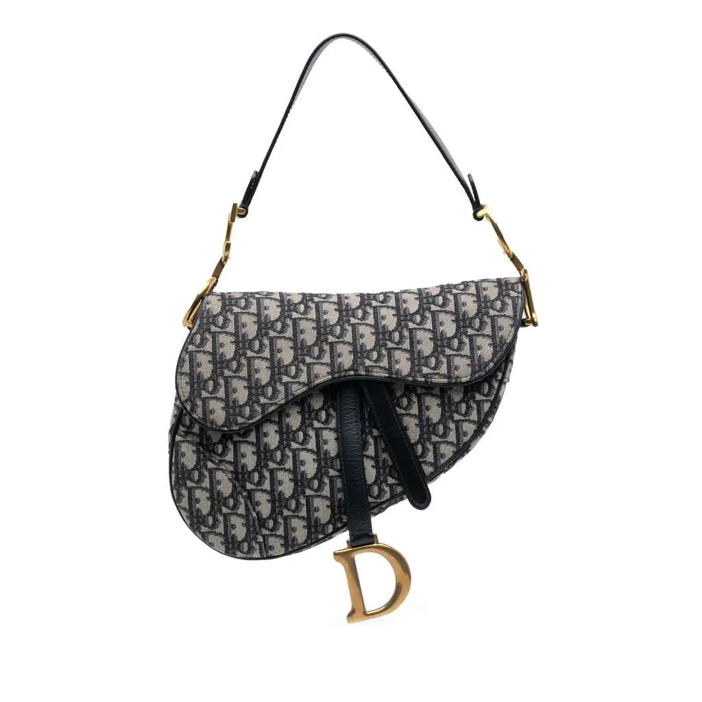 Dior Oblique Canvas Saddle Bag Blue Canvas Good - Front View