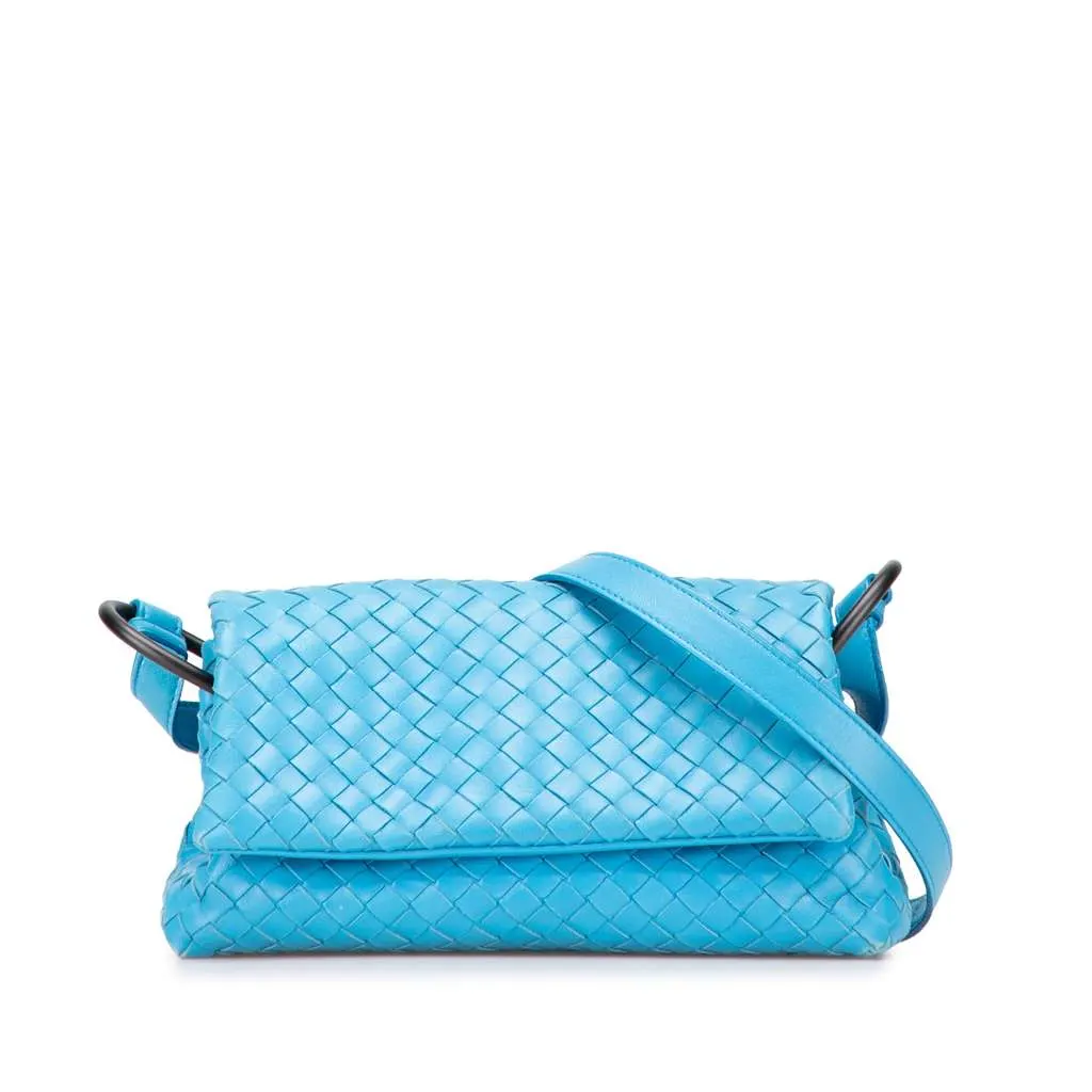 Bottega Veneta Nappa Intrecciato Flap Crossbody Blue Leather Very good - Front View