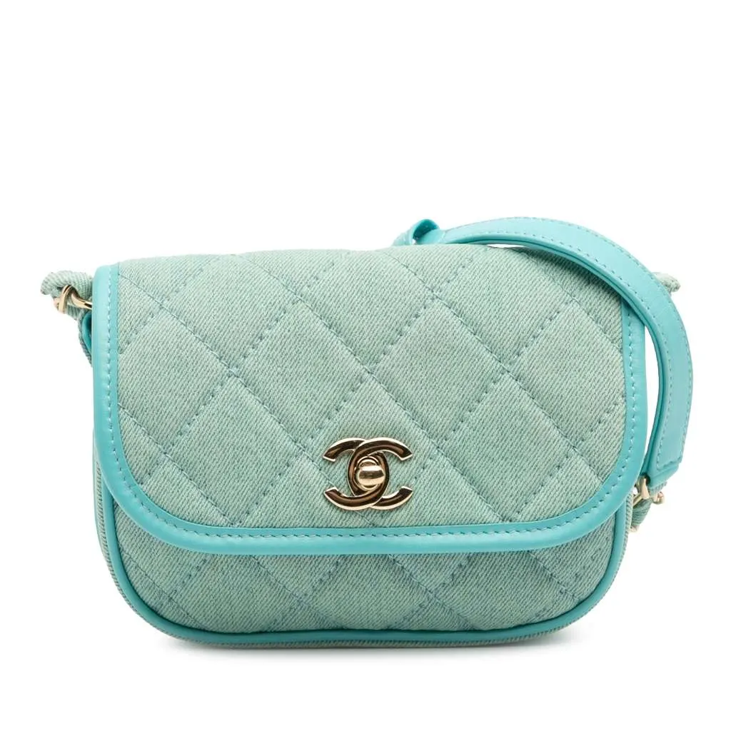 Chanel Mini CC Quilted Denim Messenger Flap Blue Denim Good - Front View