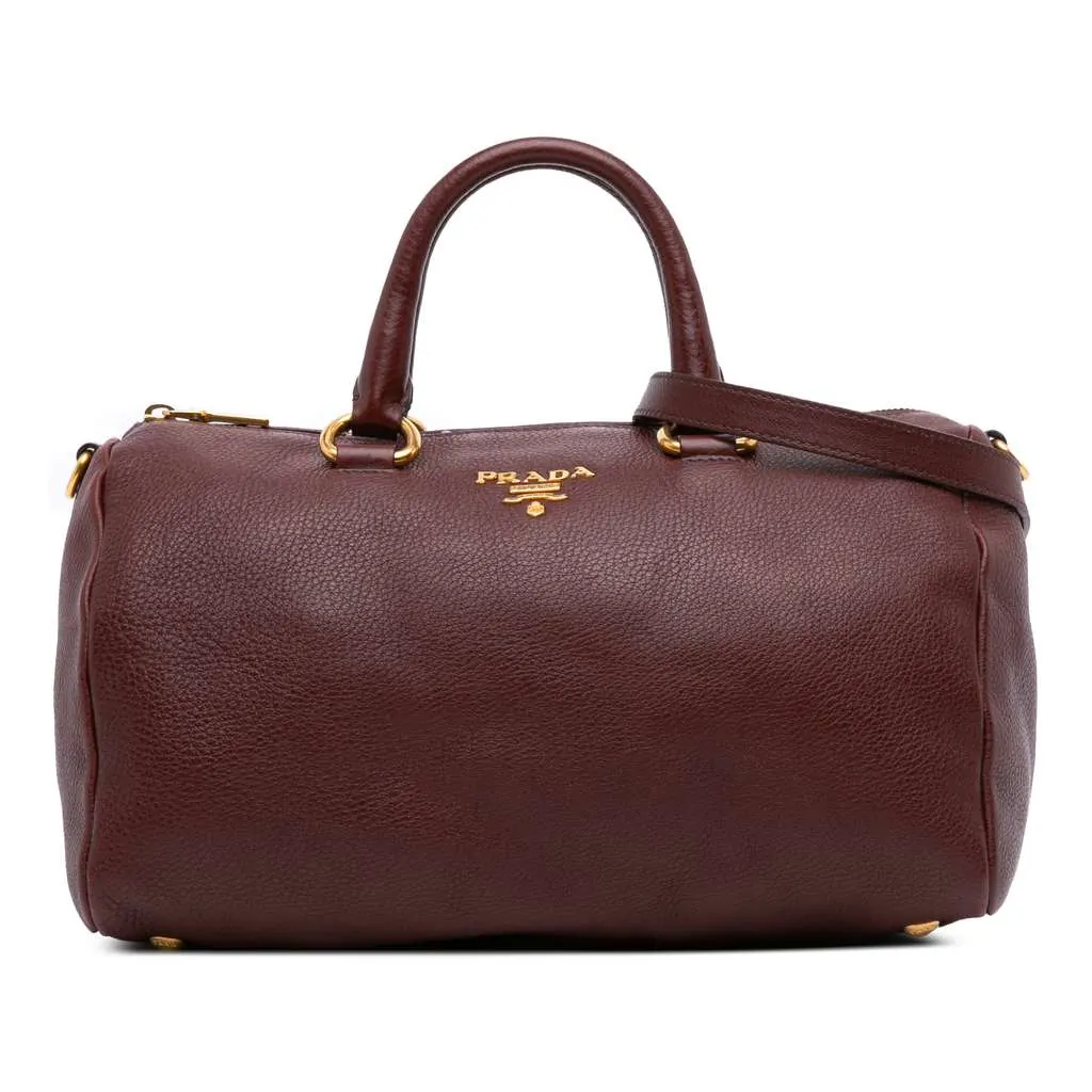 Prada Vitello Daino Zip Top Satchel Red Leather Good - Front View