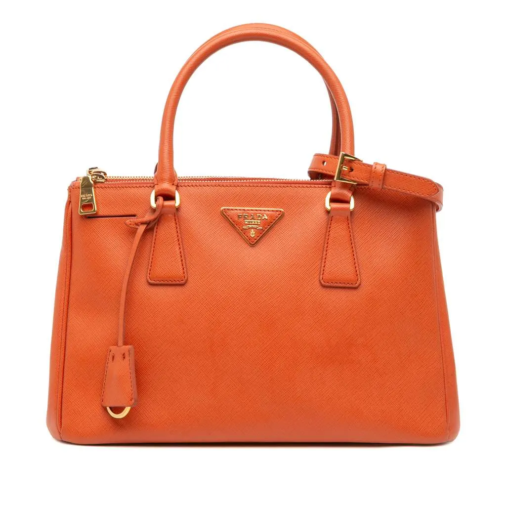 Prada Medium Saffiano Lux Galleria Double Zip Satchel Orange Leather Good - Front View