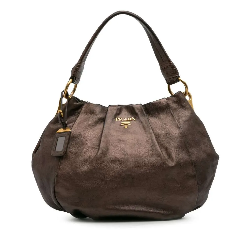 Prada Glace Mordore Hobo Brown Leather Good - Front View
