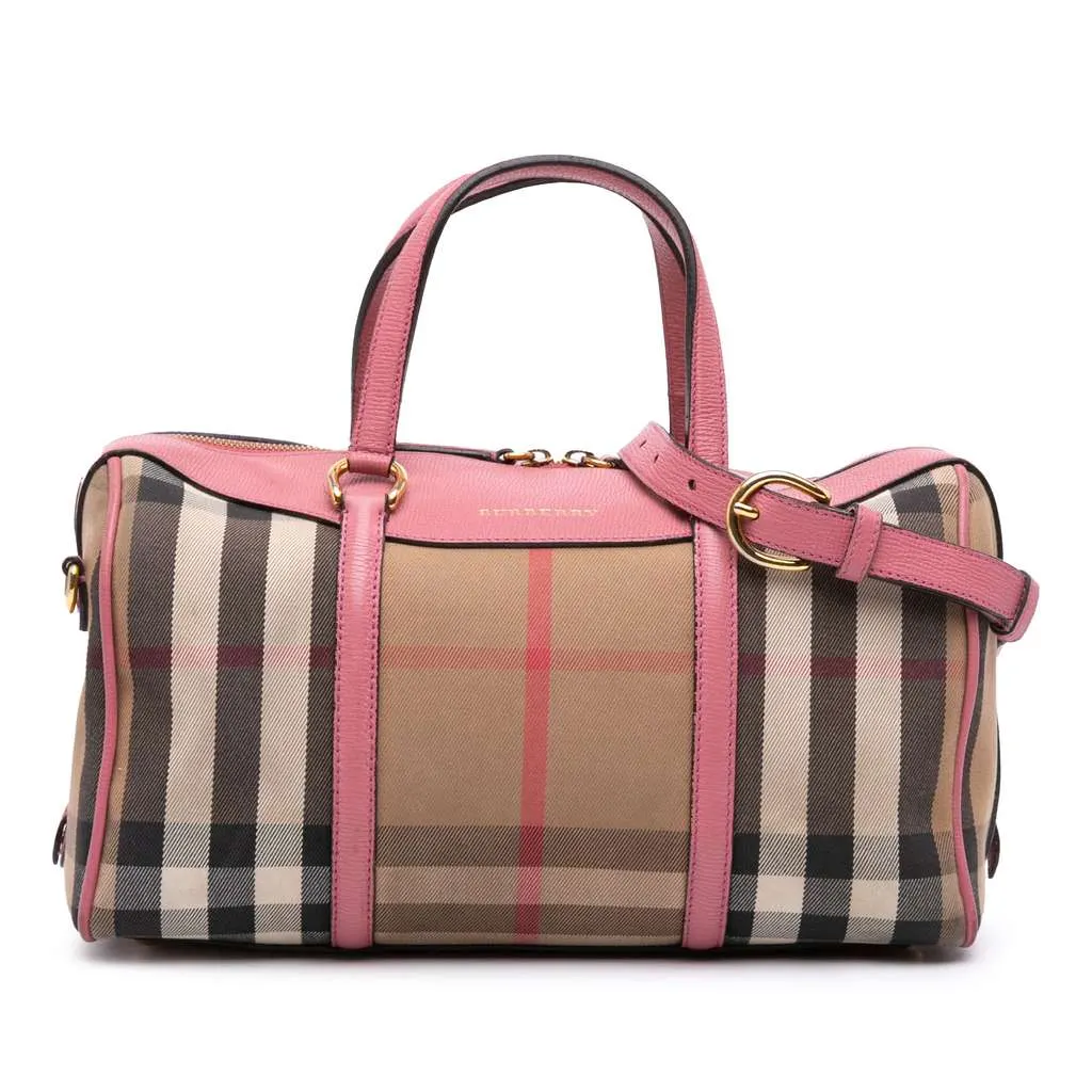 Burberry Medium House Check Canvas Derby Alchester Bowling Bag Brown Canvas Good - Front View