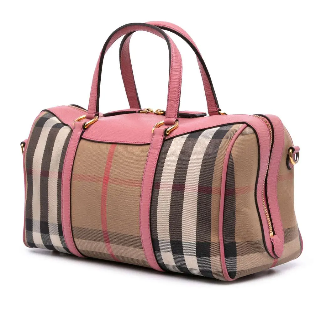 Burberry Medium House Check Canvas Derby Alchester Bowling Bag Brown Canvas Good - Back View