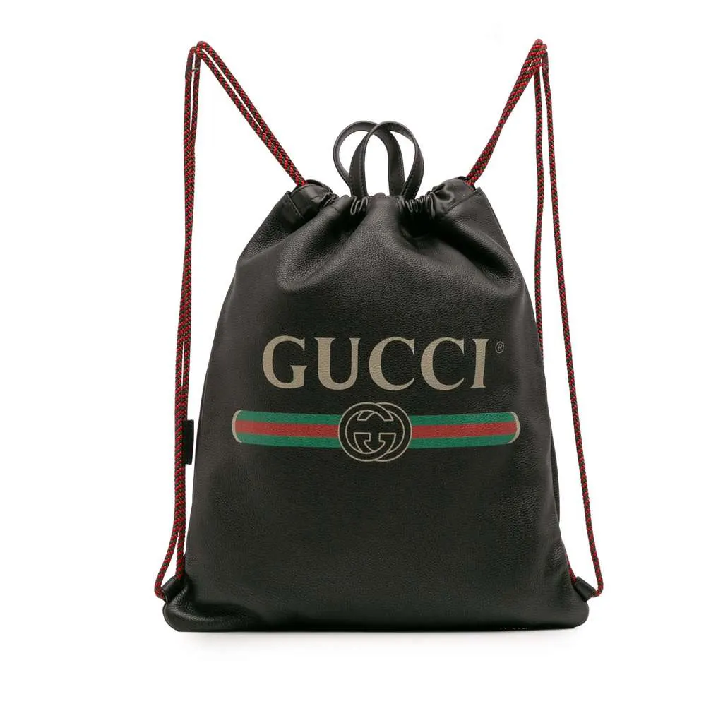 Gucci Leather Logo Drawstring Backpack Black Leather Good - Front View
