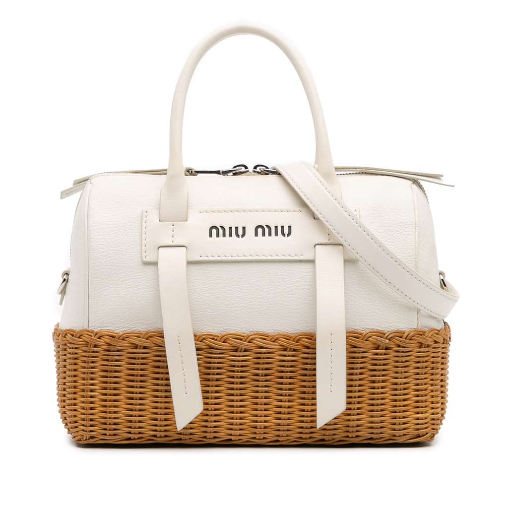 Miu Miu Wicker Trimmed Leather Top Handle Bag