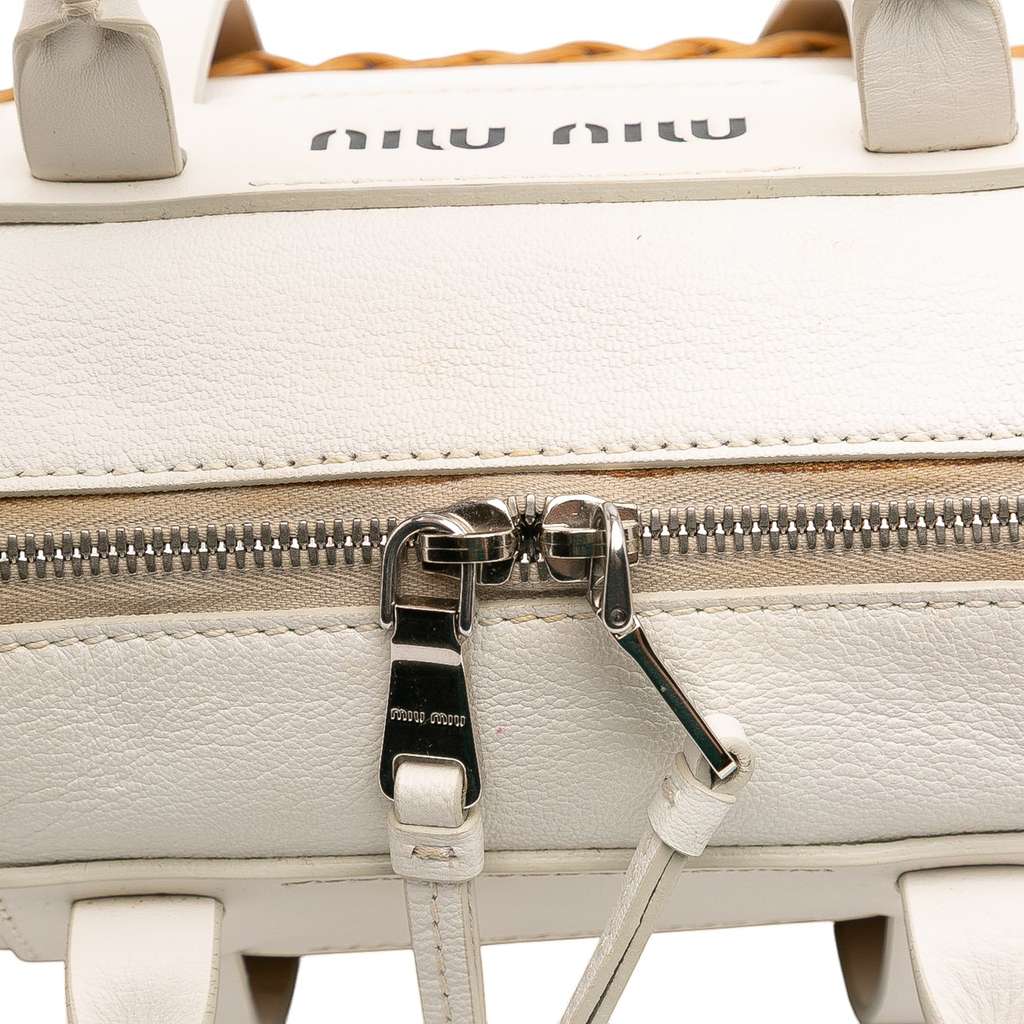 Miu Miu Wicker Trimmed Leather Top Handle Bag - Detail 2